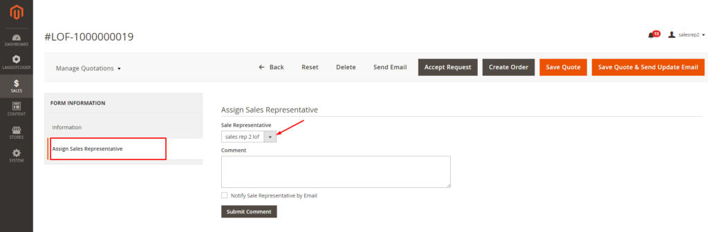 Assign dealers to customer quotations in the backend of Magento 2 Sales Rep Extension