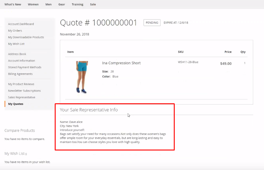 Customers check the sales rep information in their quotes with Magento 2 Sales Rep Extension