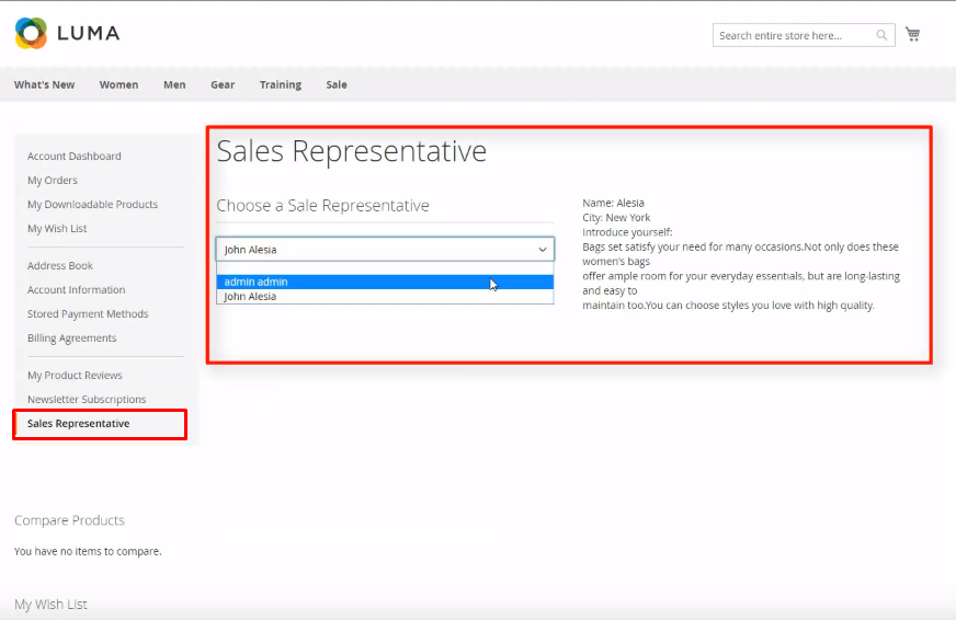 Customers choose a sale rep in their dashboard with Magento 2 Sales Rep Extension