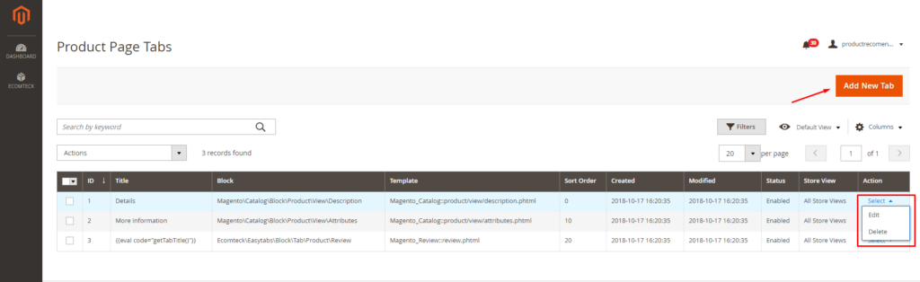 how to add and manage product page tabs Magento 2 Recommended Products