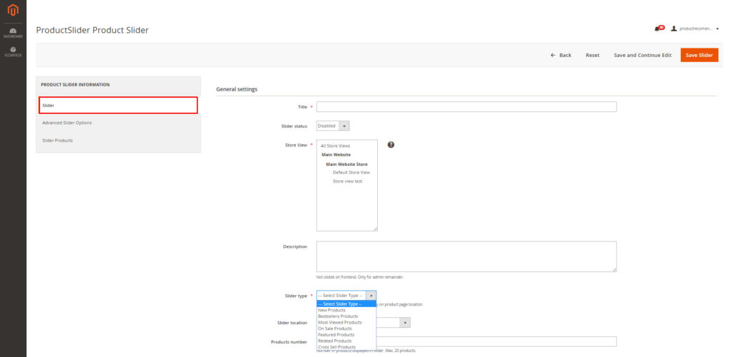 how to set silder general information in Magento 2 auto recommendation extension 
