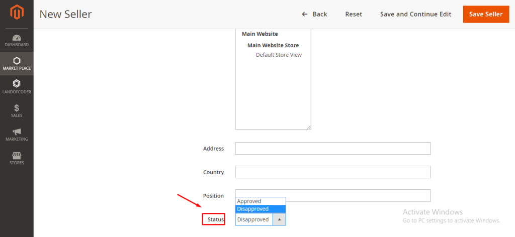 set seller status in magento 2 marketplace plugin 