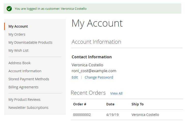 my account page at login as customer extension