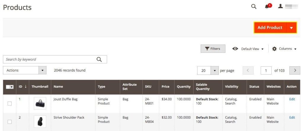 Grid management product in the magento backend