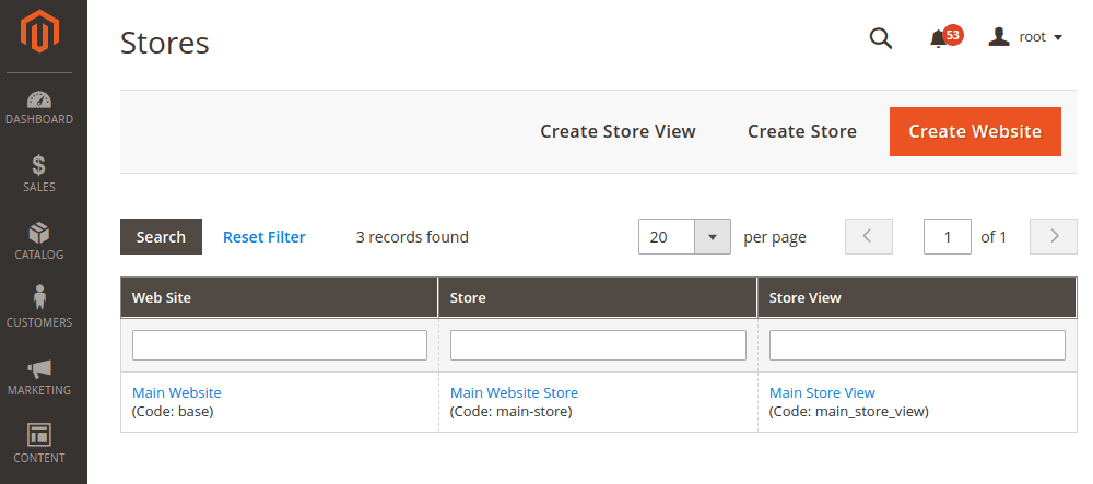 Magento CMS Store view backend
