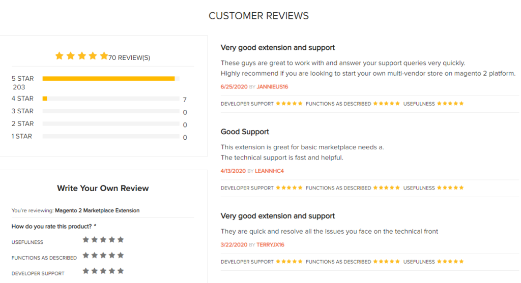 customer reviews on magento 2 marketplace extension
