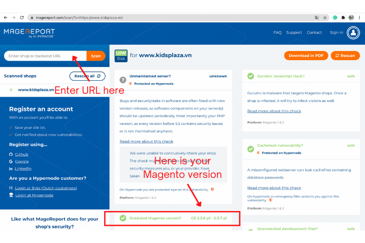Example of Checking Magento version and more at MageReport